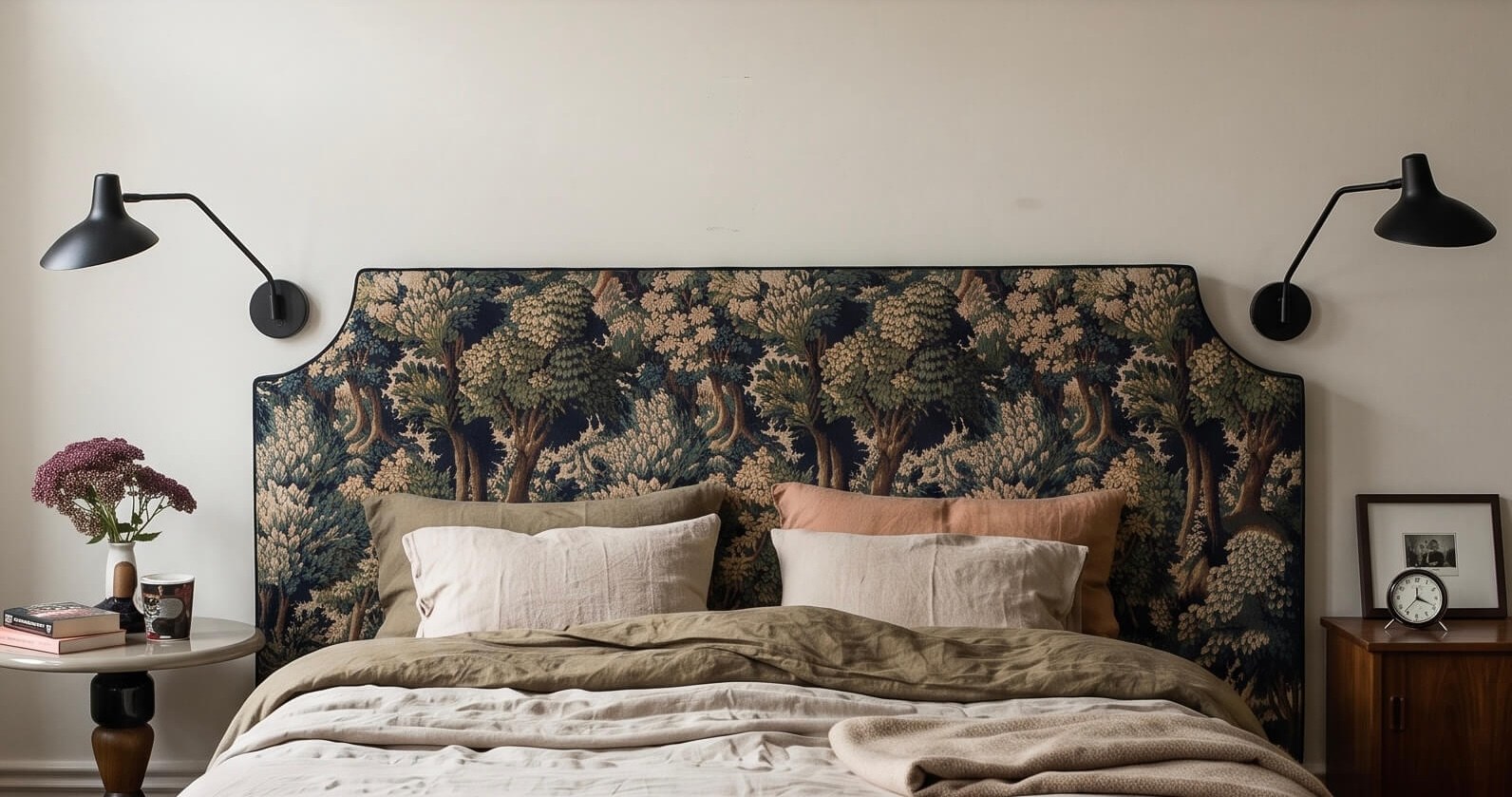 Headboard Society voodipeats magamistoas, polsterdatud mustrilise kangaga